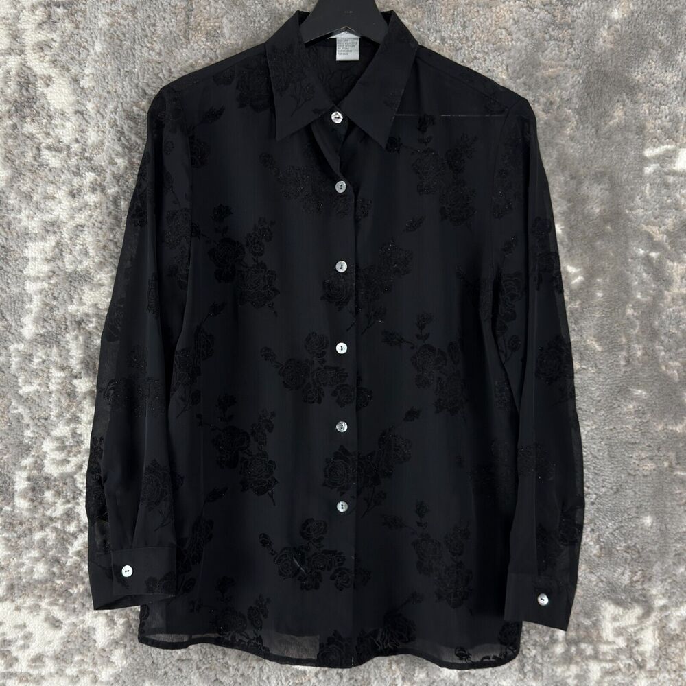 Vintage Annie Alexander Sz PM Sheer Floral Black Velvet Burnout Blouse Whimsigot